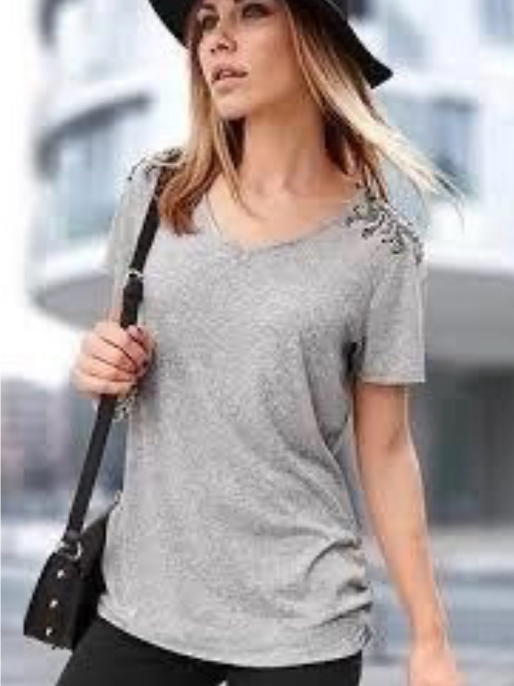 Gray V-Neck Embellished Shoulder Tee - Ladies